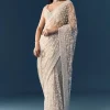 Off White Net Jaal Embellished Saree with Unstitched Blouse