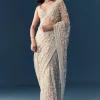 Off White Net Jaal Embellished Saree with Unstitched Blouse