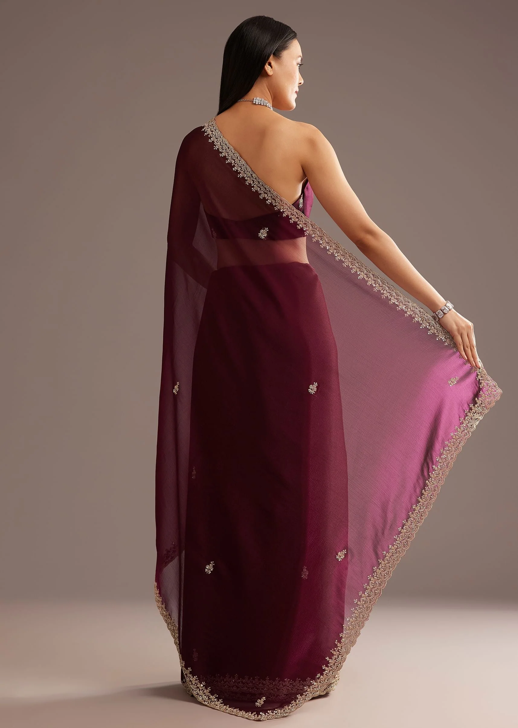 Wine Organza Saree With Cutdana And Sequins Border