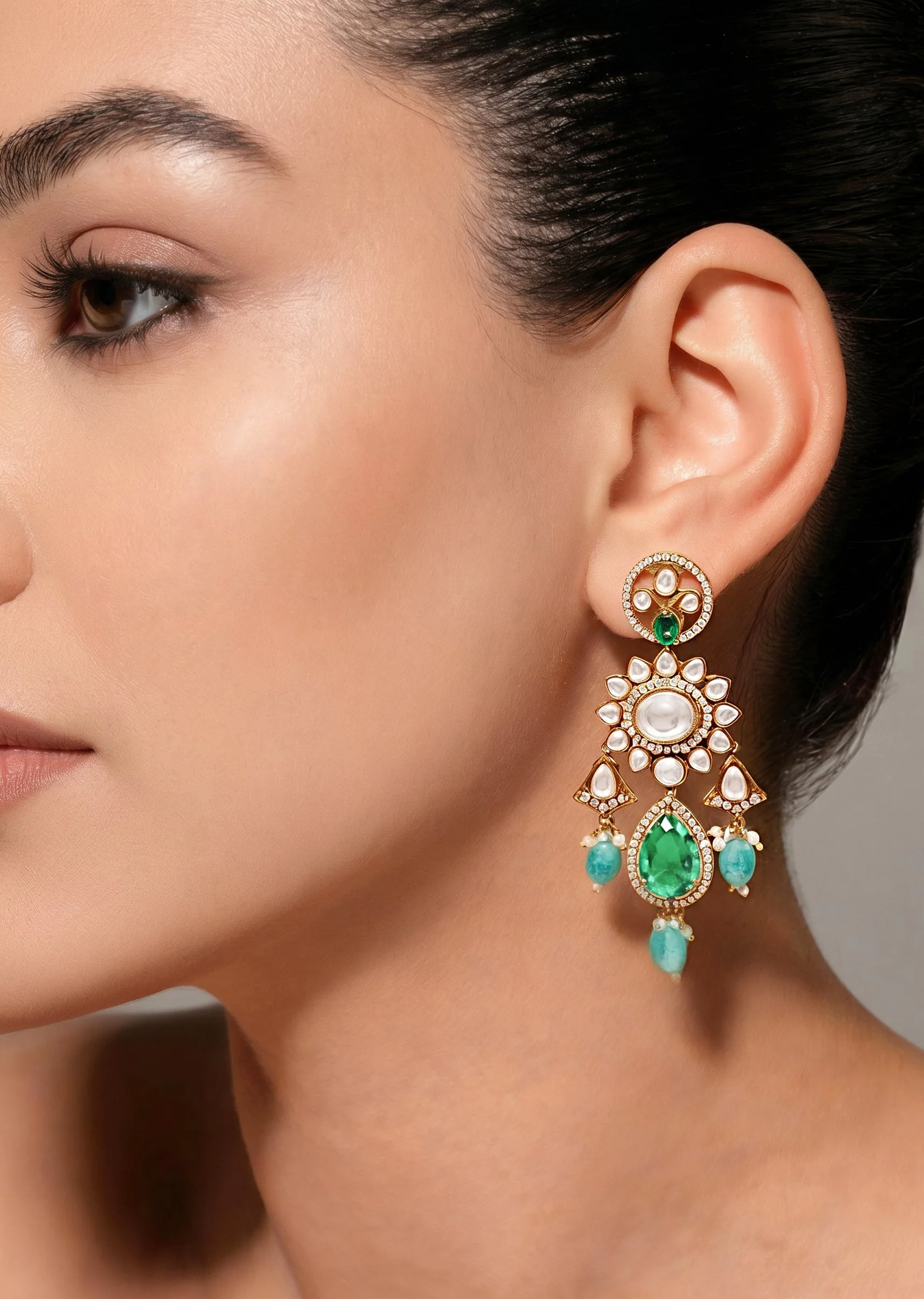 Green Kundan Polki Statement Earrings
