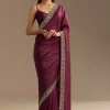 Wine Crushed Tissue Saree With Cutdana And Stone Embroidery