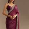 Wine Crushed Tissue Saree With Cutdana And Stone Embroidery