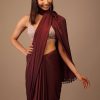 Blood Red Satin Saree With Fringes On The Pallu Paired With Hand Embroidered Bustier