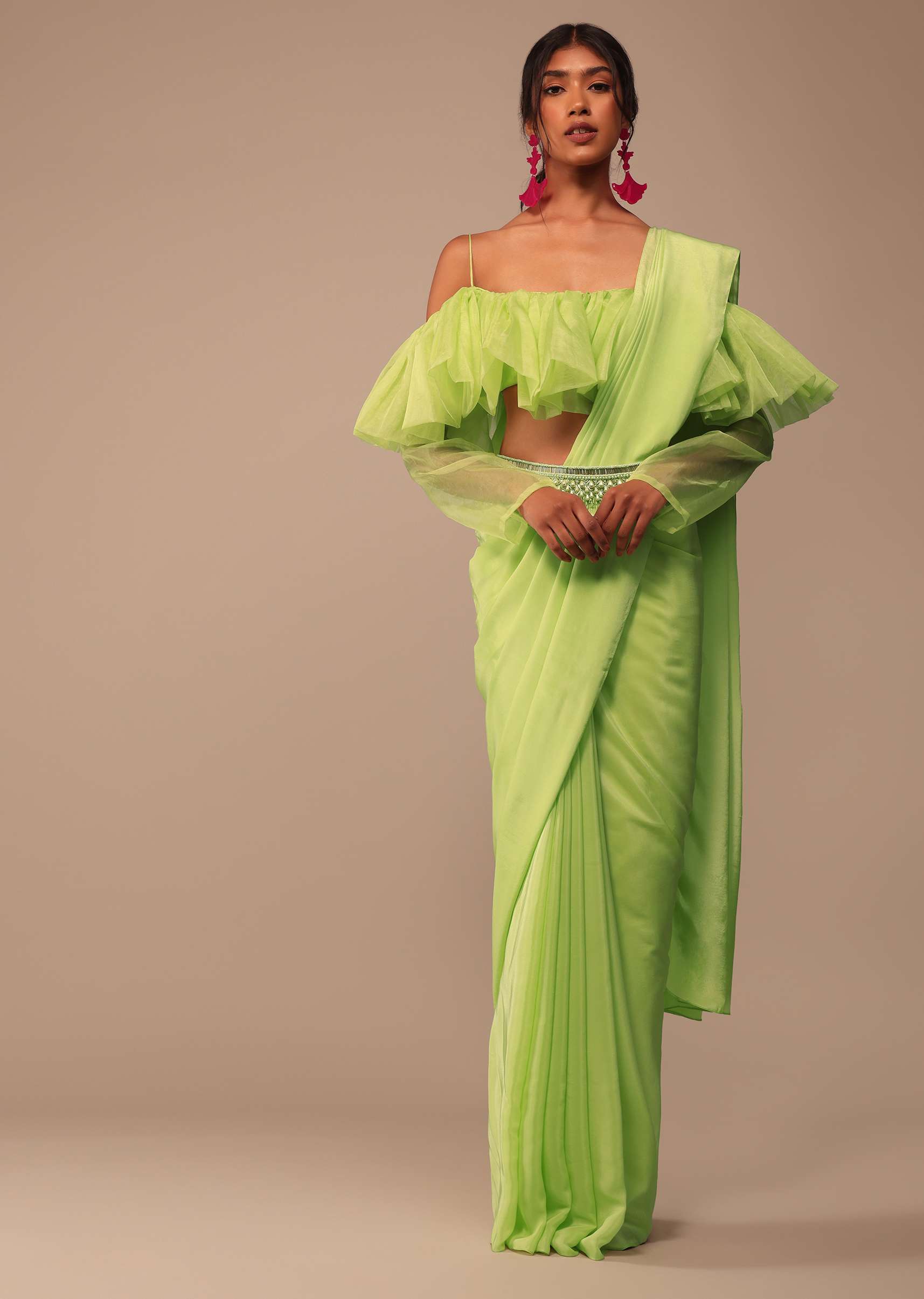 6878-fern-green-crepe-saree-with-organza-frilled-blouse-1.jpg Fern Green Crepe Saree With Organza Frilled Blouse
