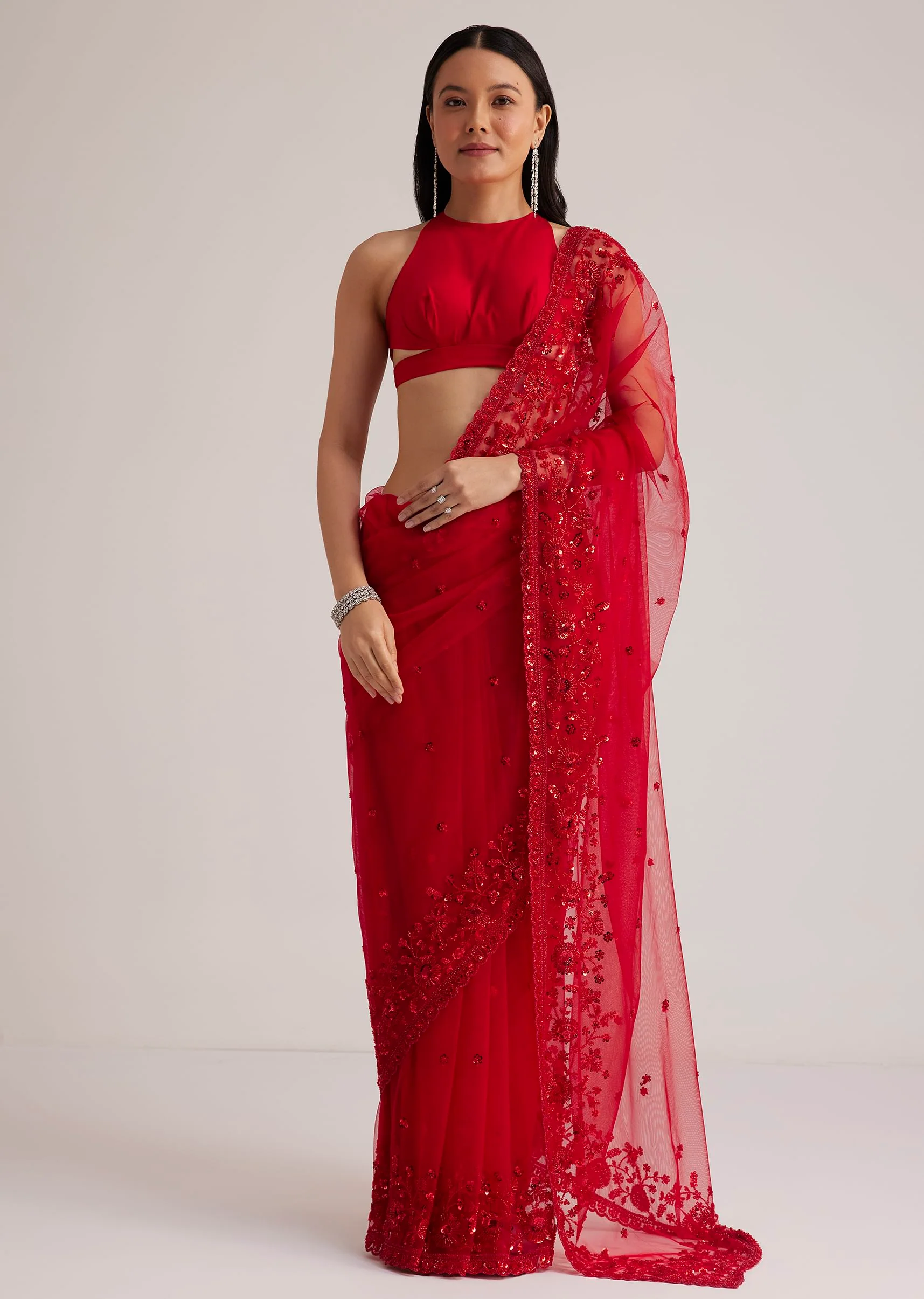 6893-red-net-saree-with-sequins-and-stones-embroidery-1.webp Red Net Saree With Sequins And Stones Embroidery