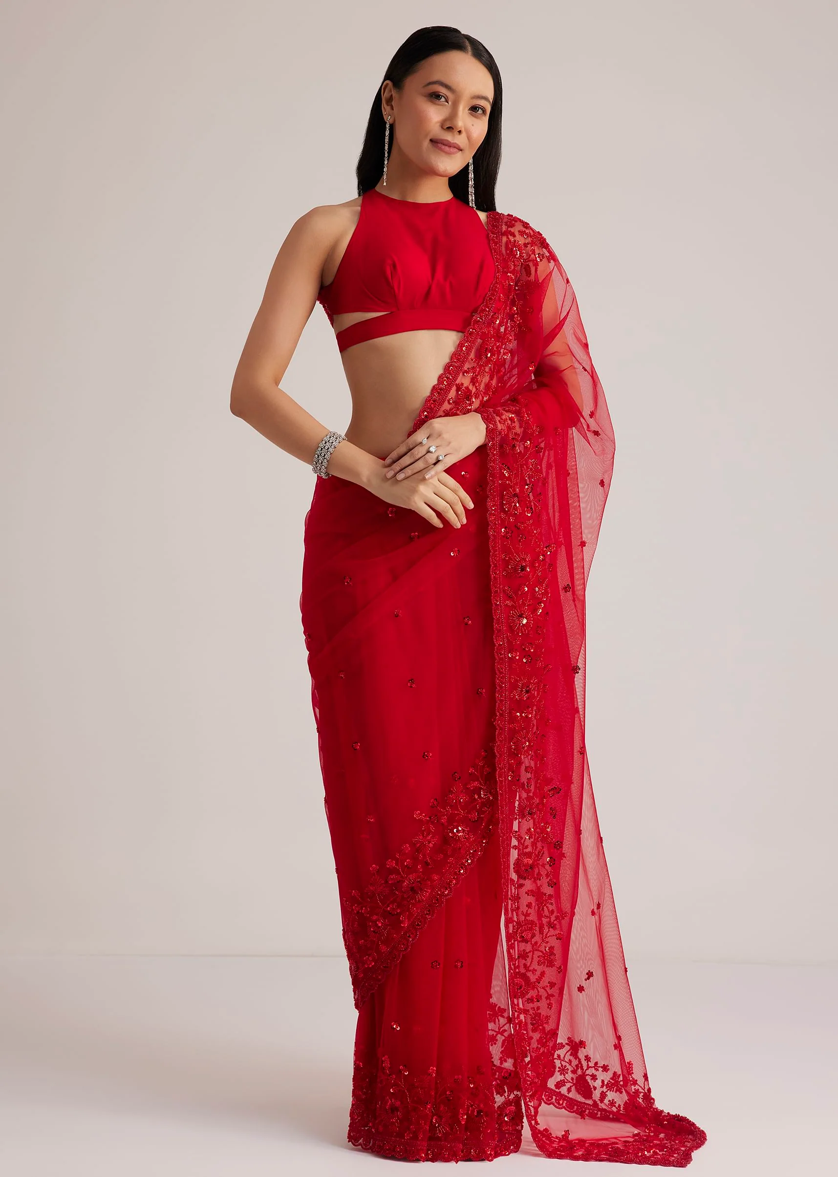6893-red-net-saree-with-sequins-and-stones-embroidery-3.webp Red Net Saree With Sequins And Stones Embroidery