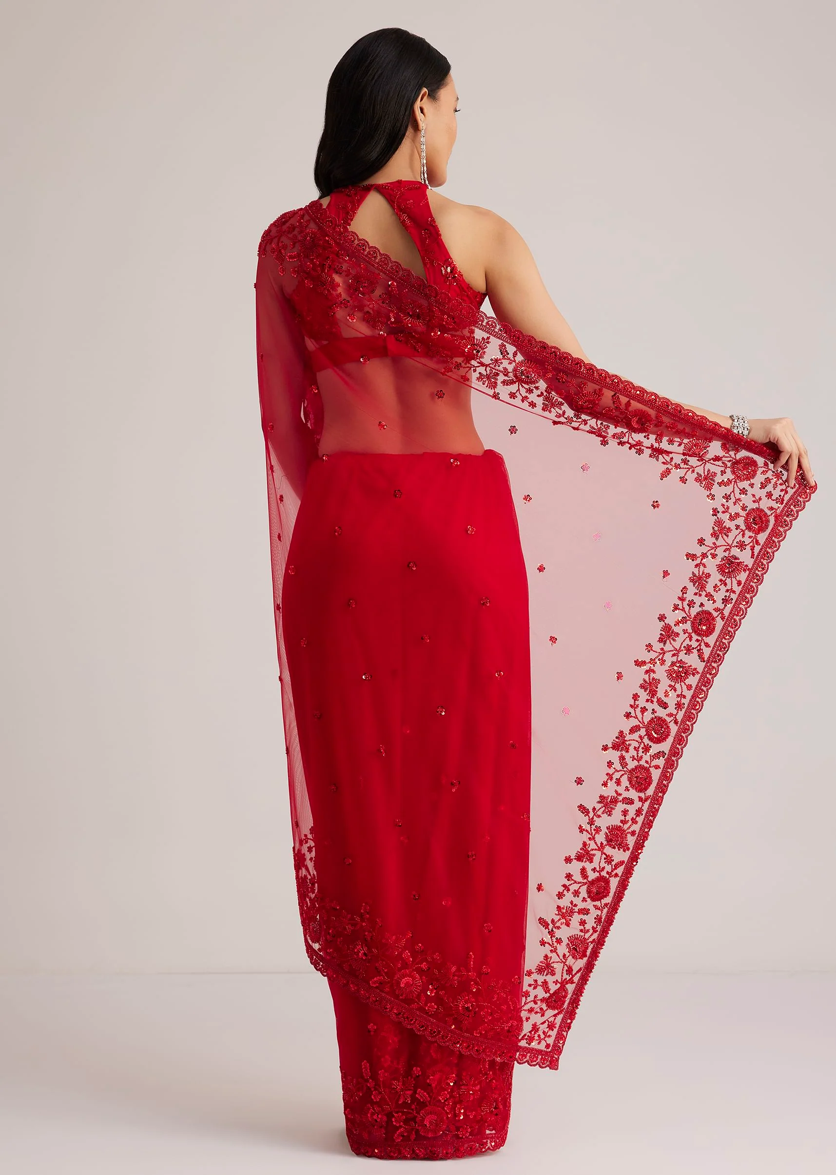 6893-red-net-saree-with-sequins-and-stones-embroidery-4.webp Red Net Saree With Sequins And Stones Embroidery
