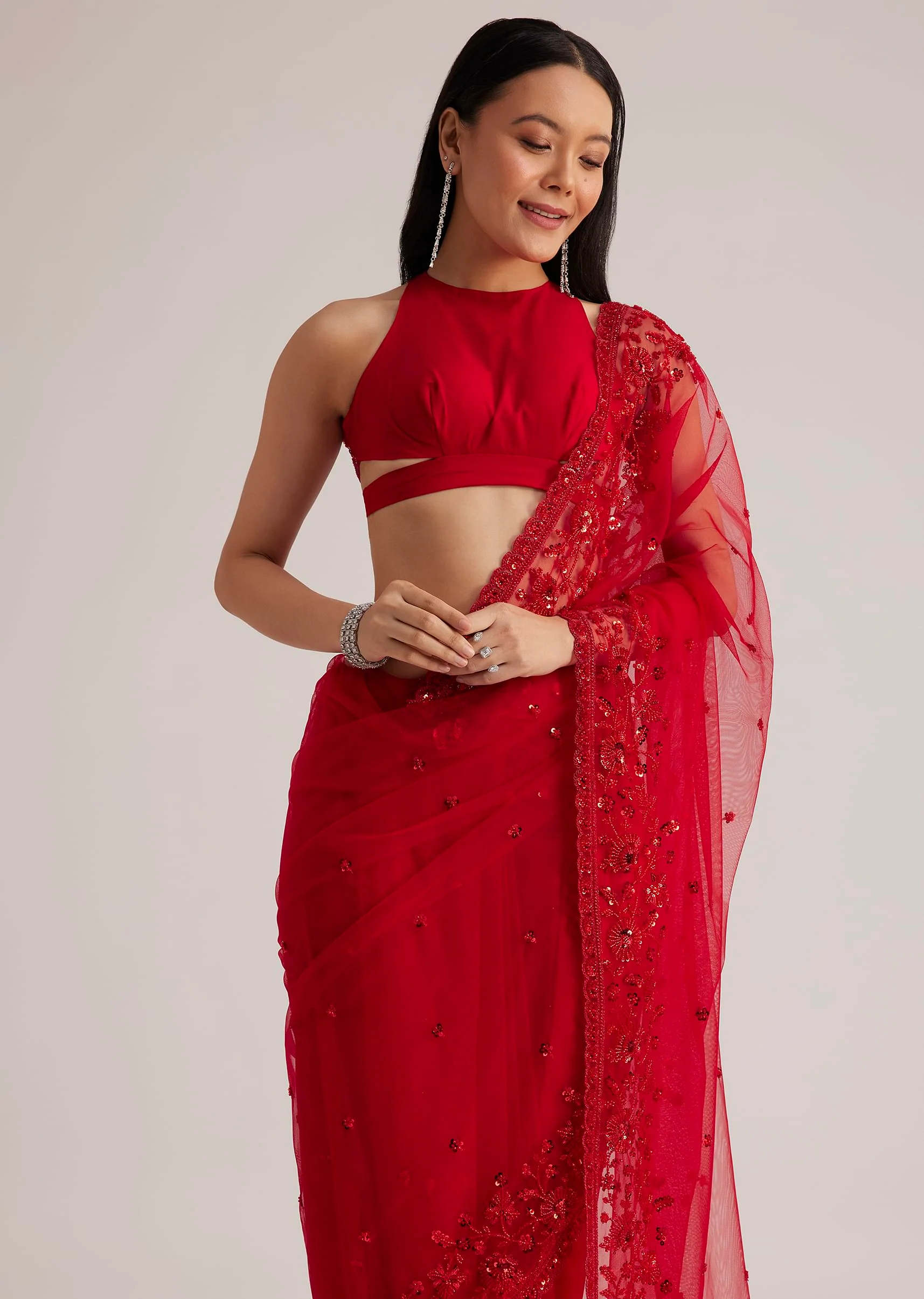 6893-red-net-saree-with-sequins-and-stones-embroidery-5.webp Red Net Saree With Sequins And Stones Embroidery