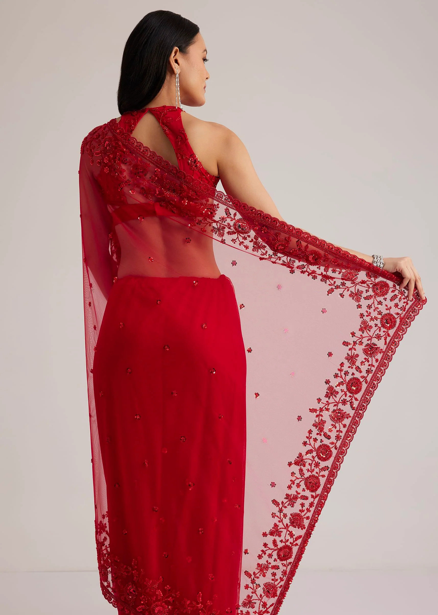 6893-red-net-saree-with-sequins-and-stones-embroidery-6.webp Red Net Saree With Sequins And Stones Embroidery