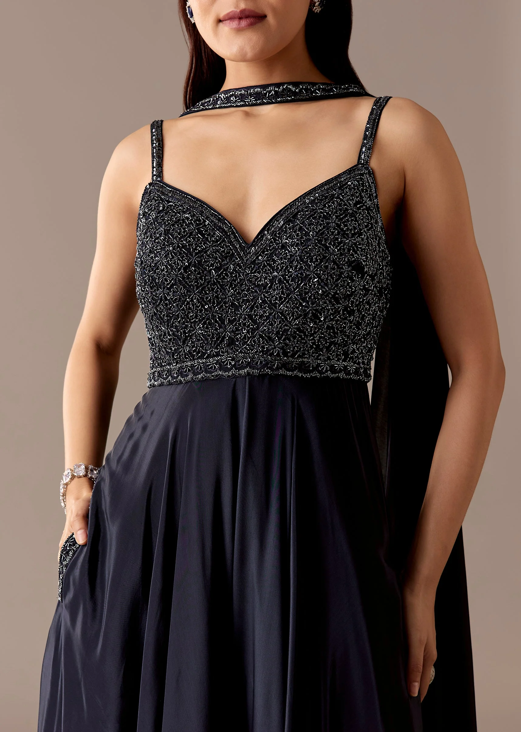 Navy Embellished Jumpsuit With Choker Dupatta