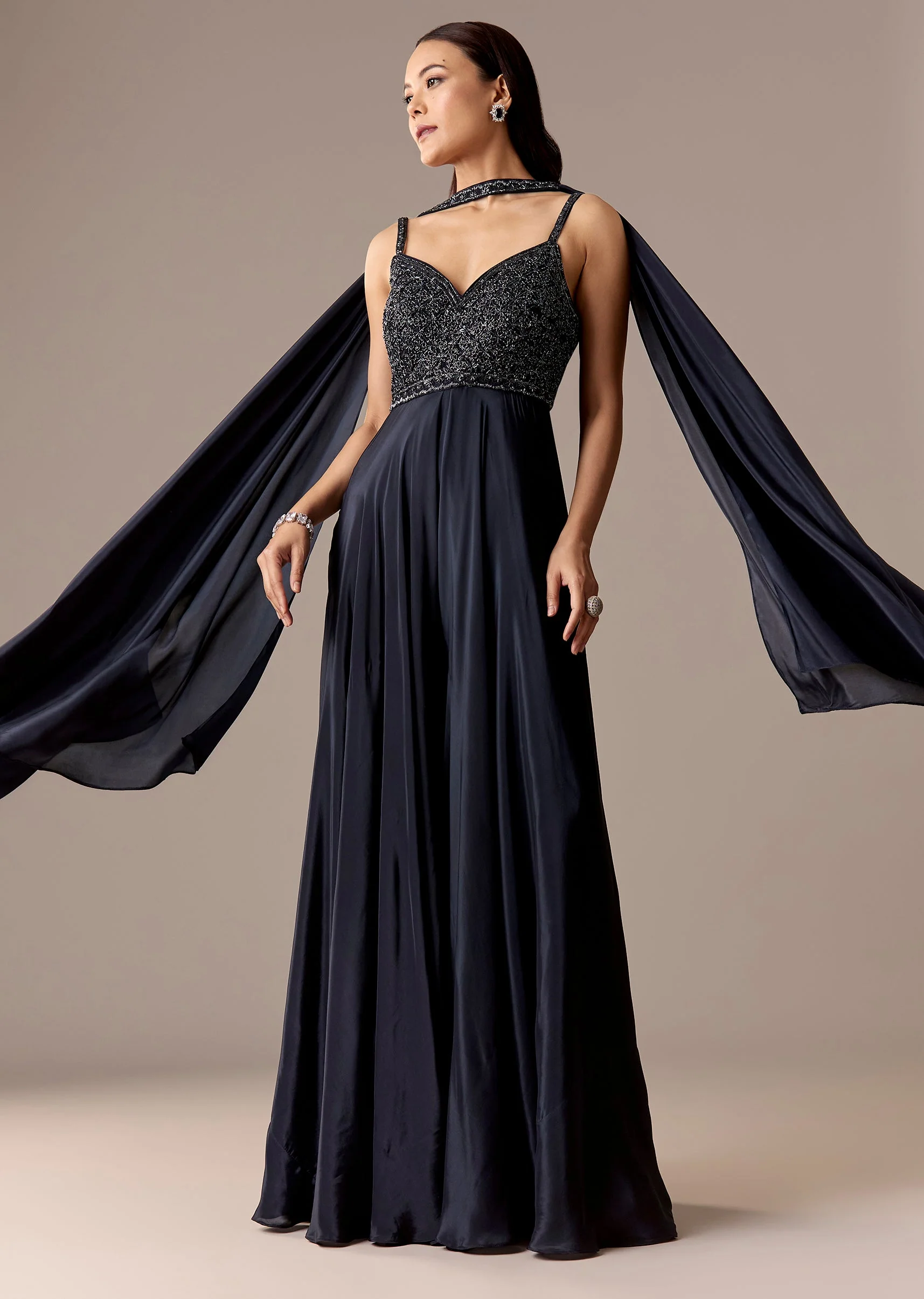 Navy Embellished Jumpsuit With Choker Dupatta