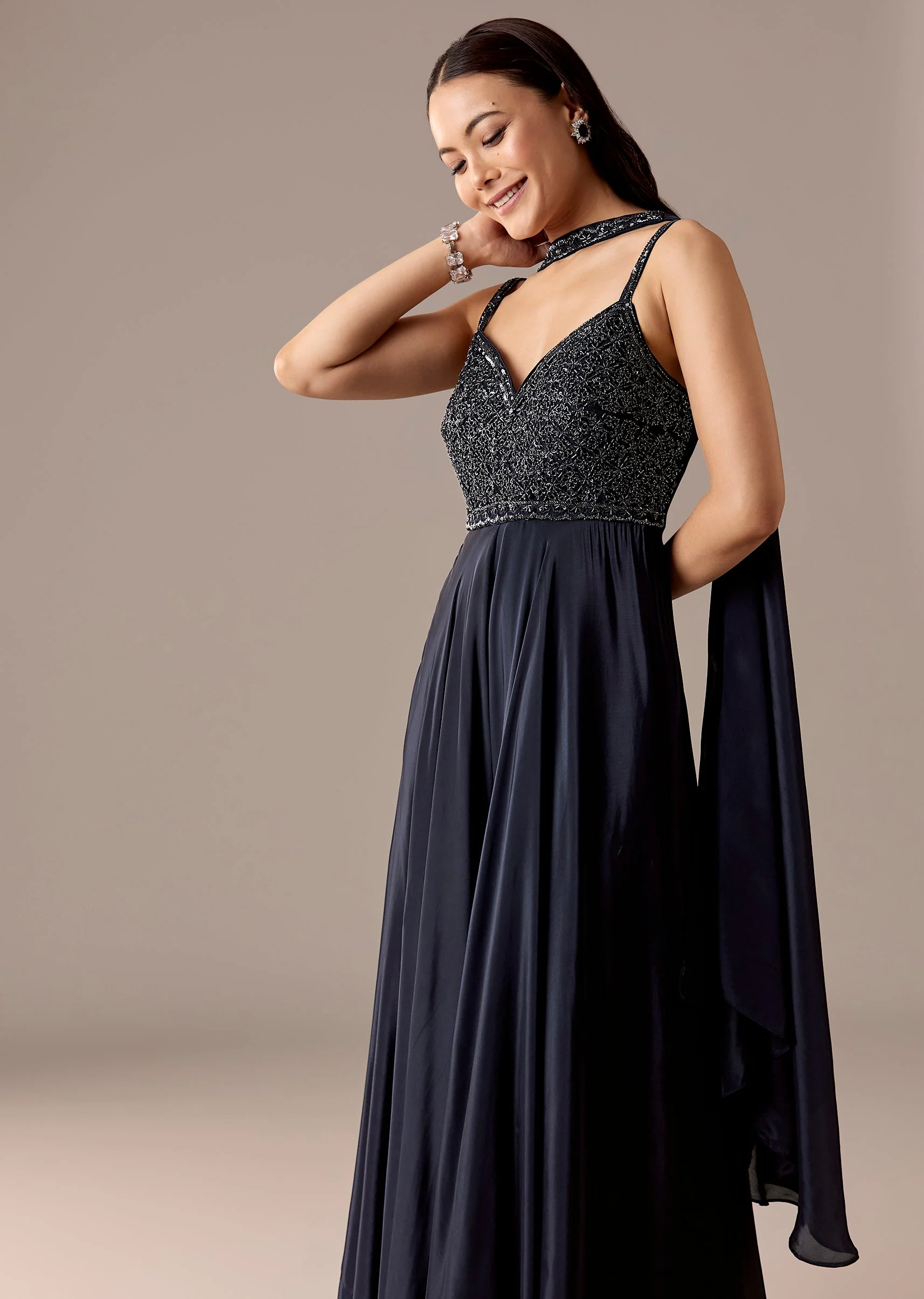 Navy Embellished Jumpsuit With Choker Dupatta