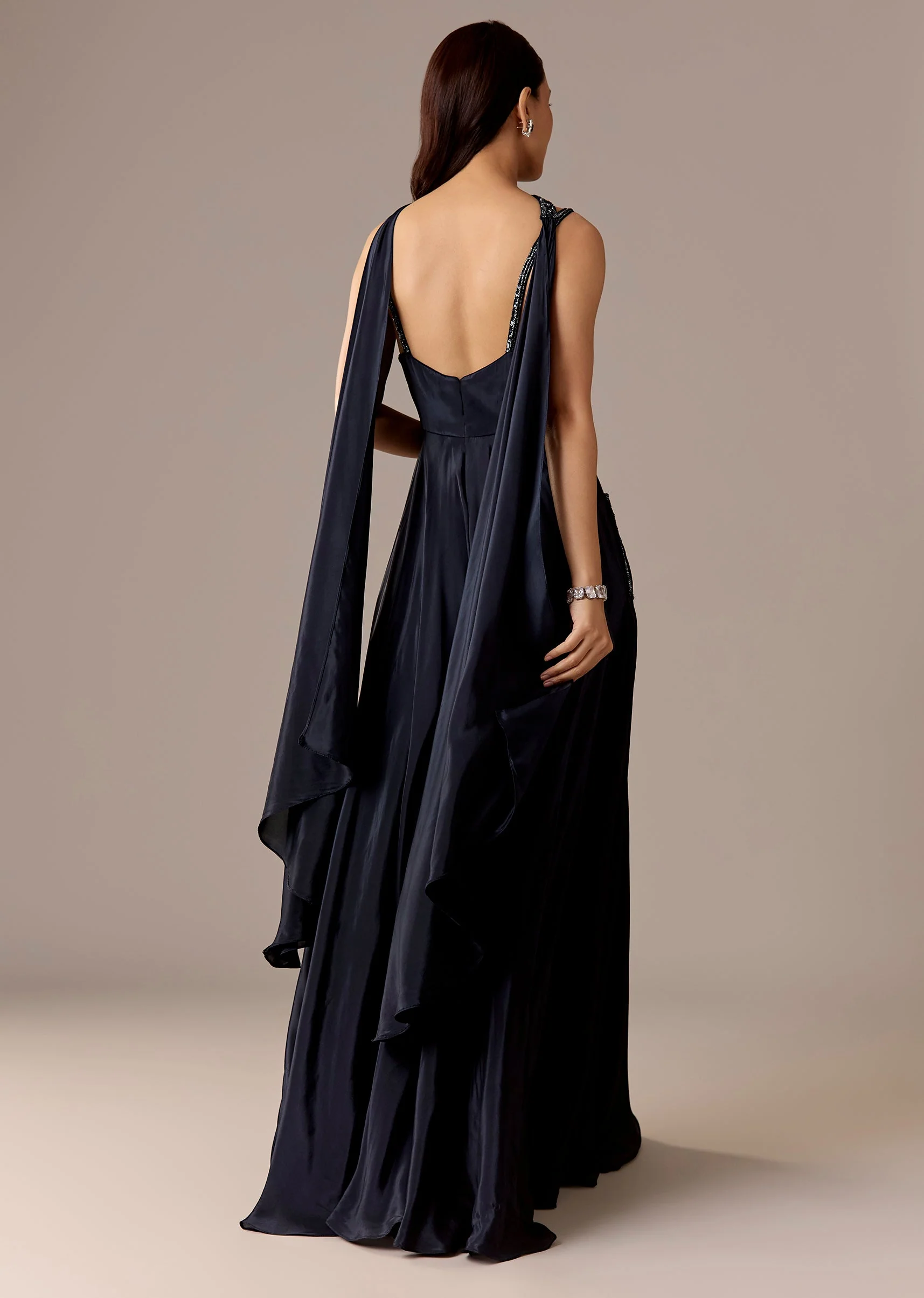 Navy Embellished Jumpsuit With Choker Dupatta