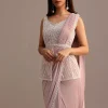 Dusky Pink Ready Pleated Saree With Embroidered Blouse