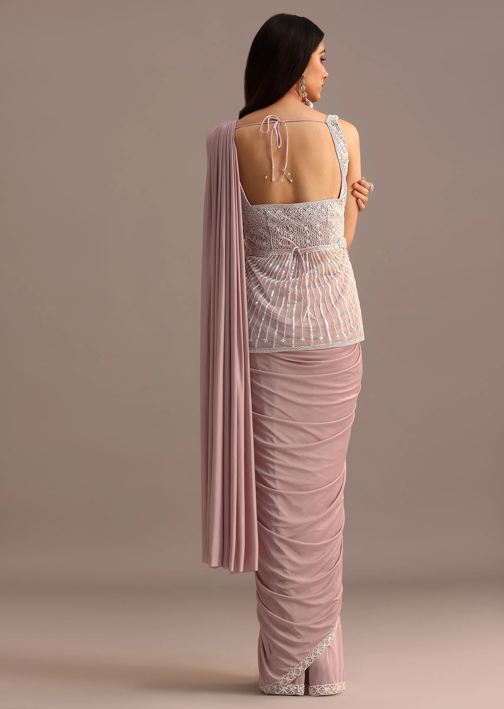 Dusky Pink Ready Pleated Saree With Embroidered Blouse