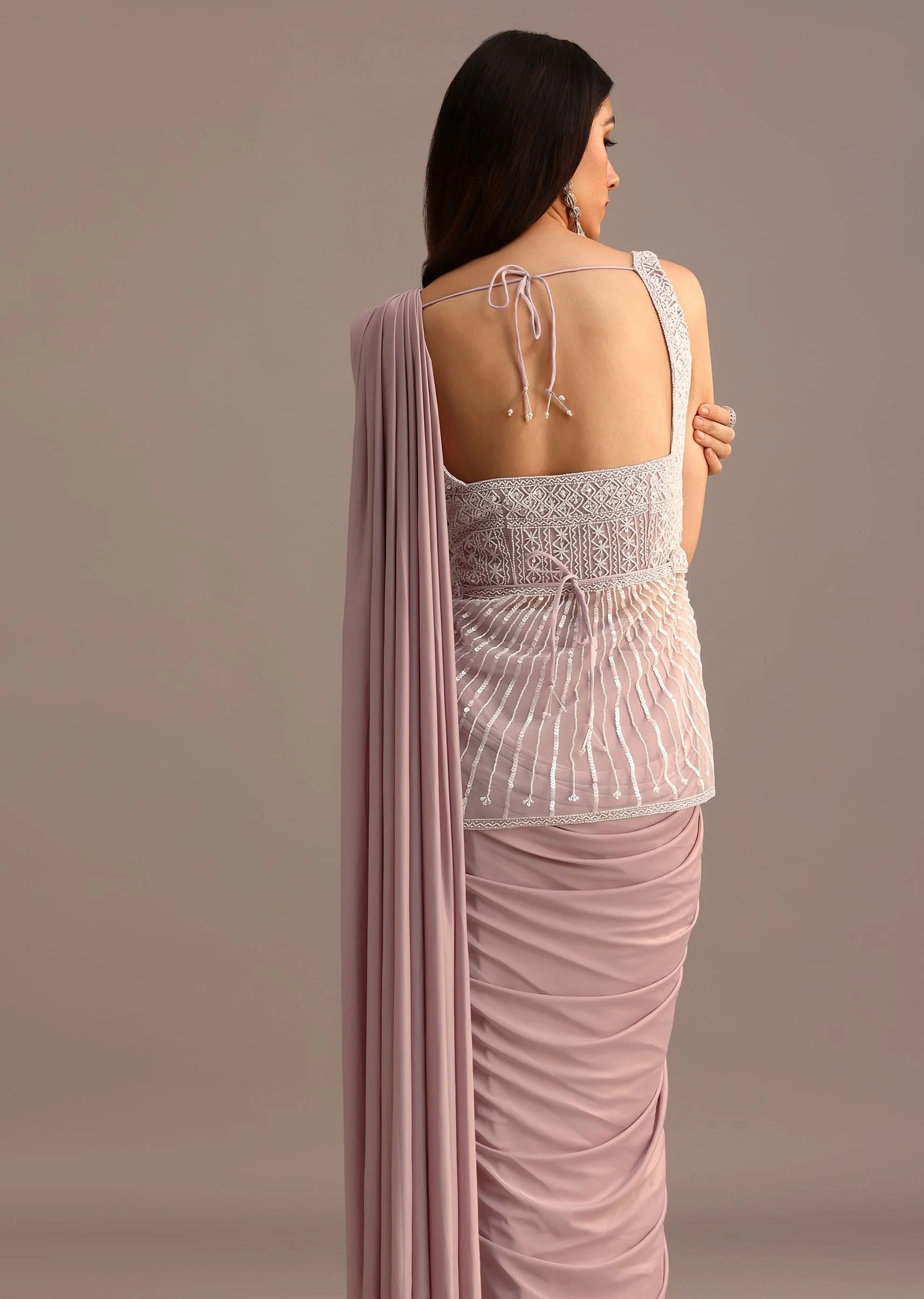 Dusky Pink Ready Pleated Saree With Embroidered Blouse