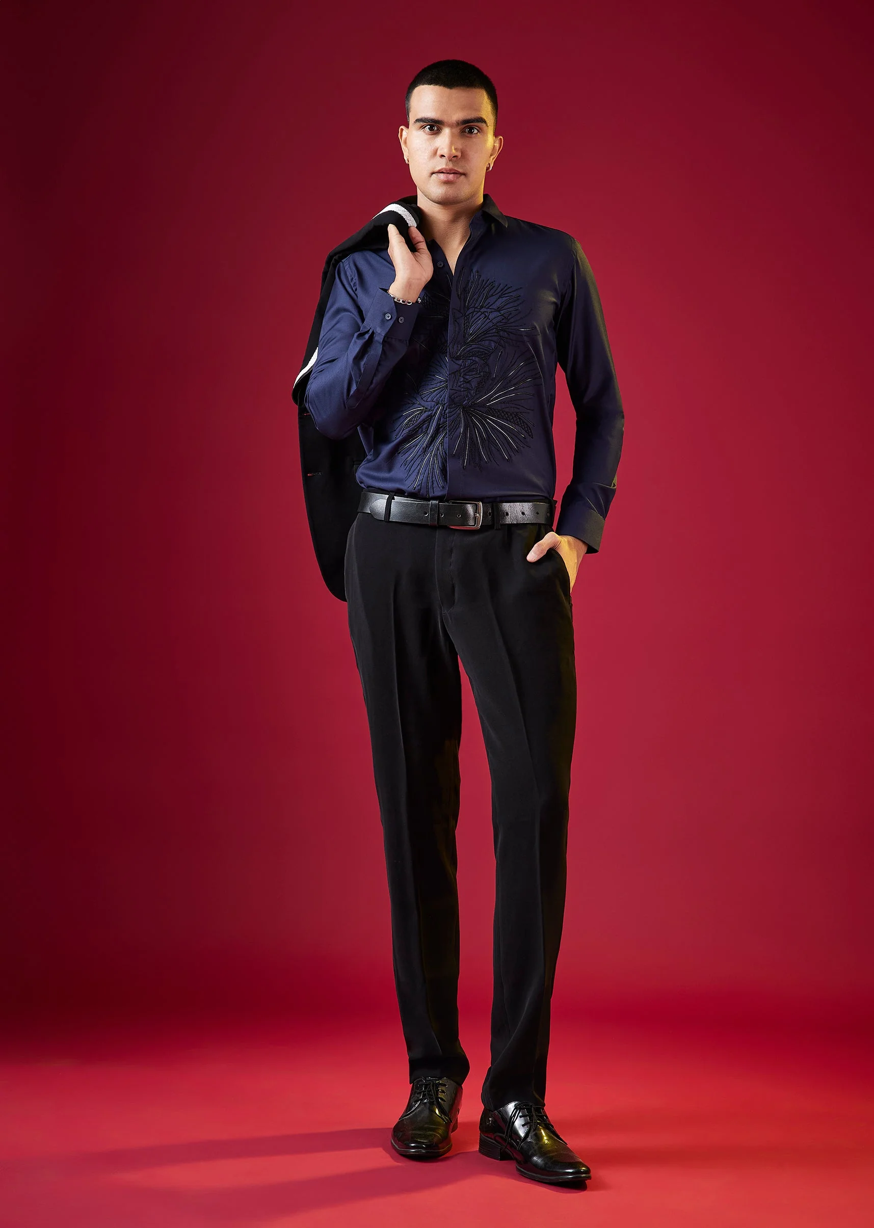 Navy Blue Thread Resham Embroidered Mens Shirt