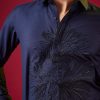 Navy Blue Thread Resham Embroidered Mens Shirt