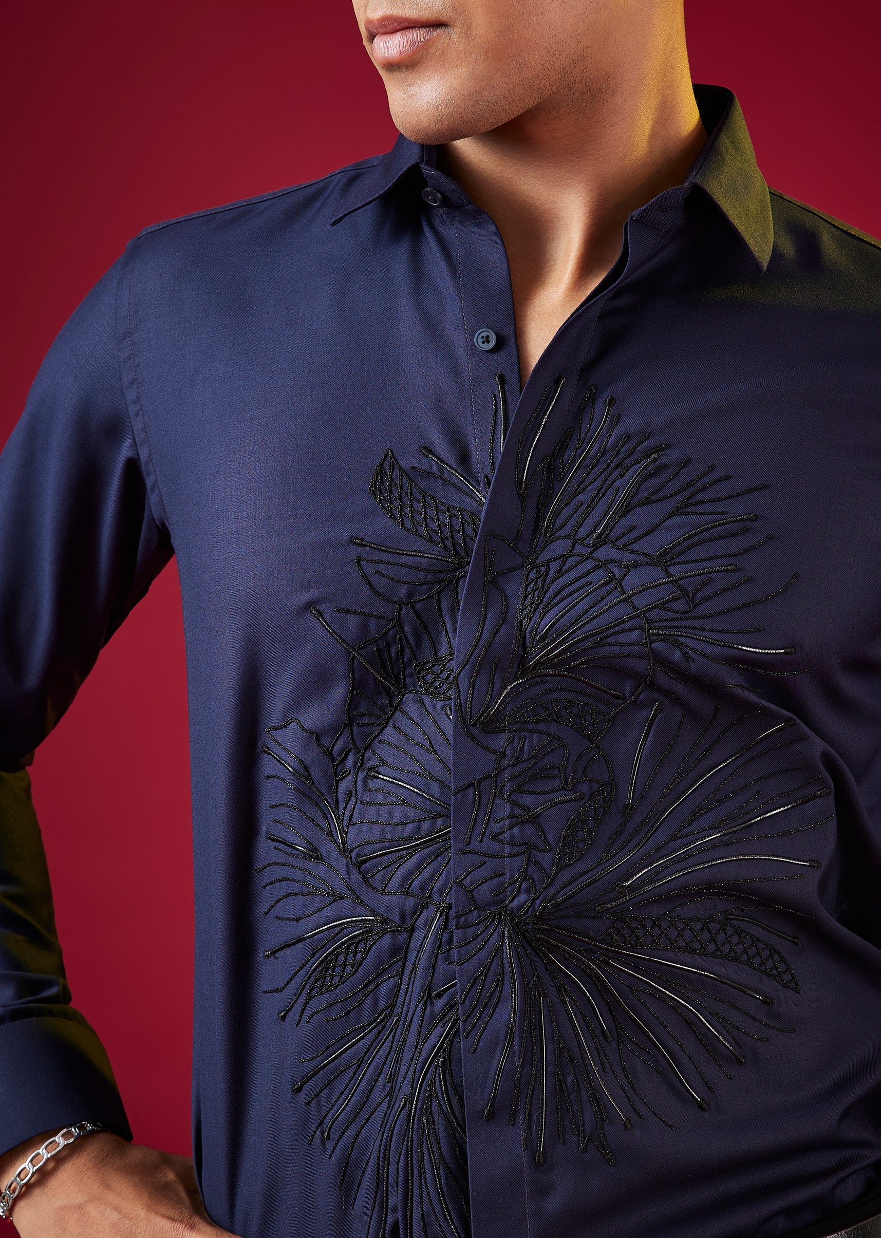 Navy Blue Thread Resham Embroidered Mens Shirt