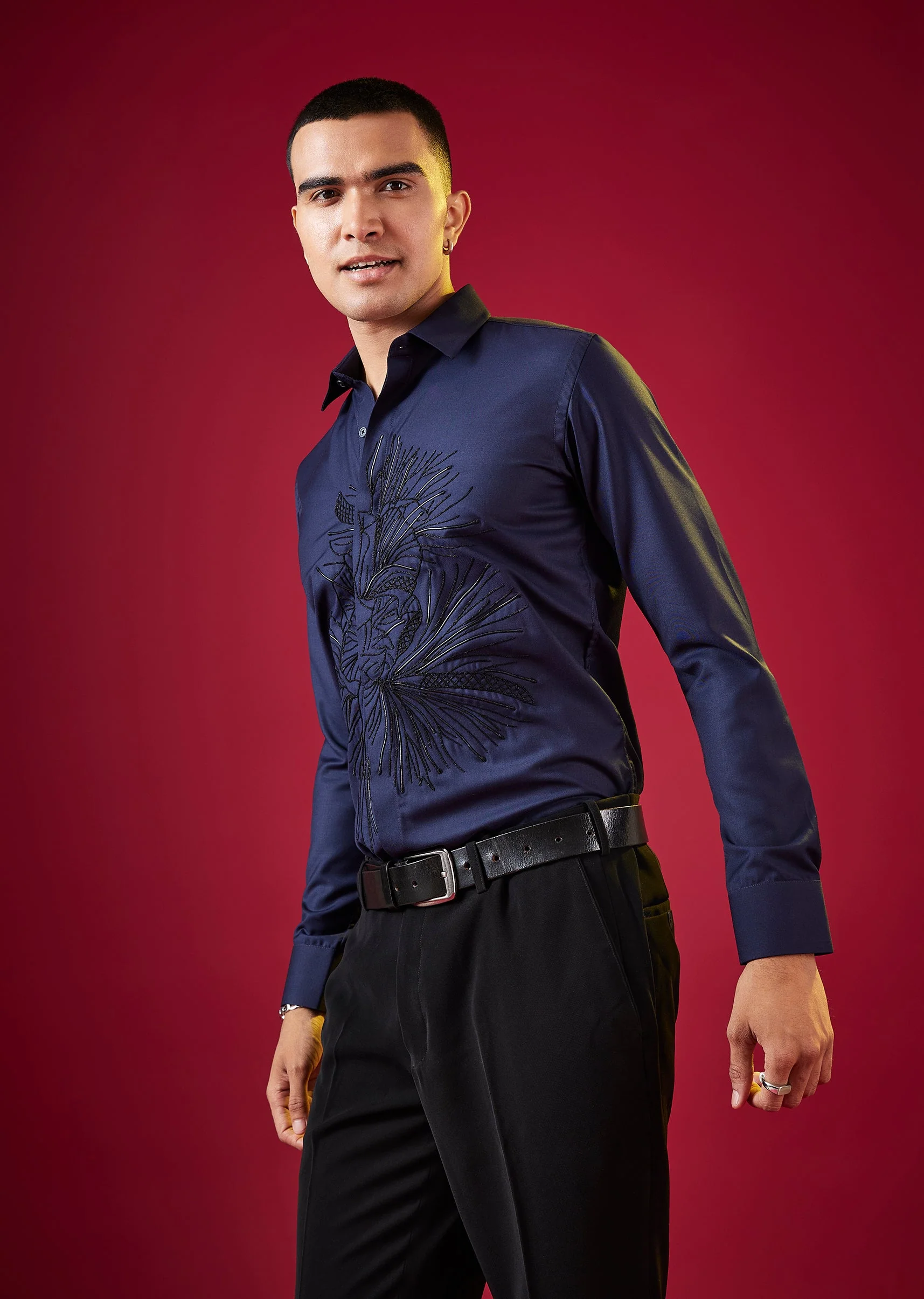 Navy Blue Thread Resham Embroidered Mens Shirt