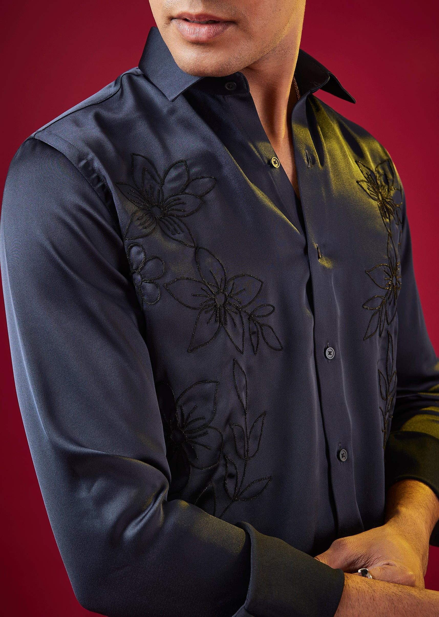 Navy Blue Thread Resham Embellished Mens Shirt