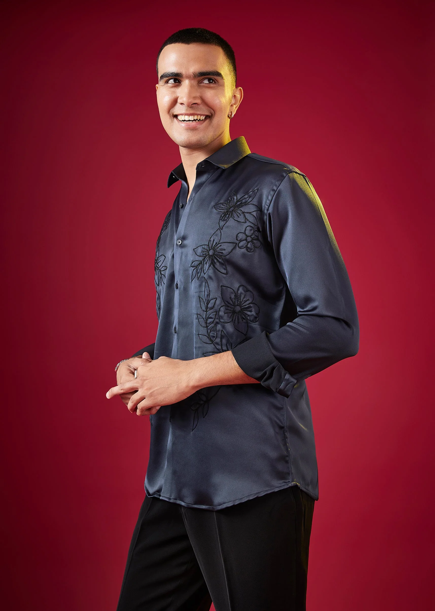 Navy Blue Thread Resham Embellished Mens Shirt