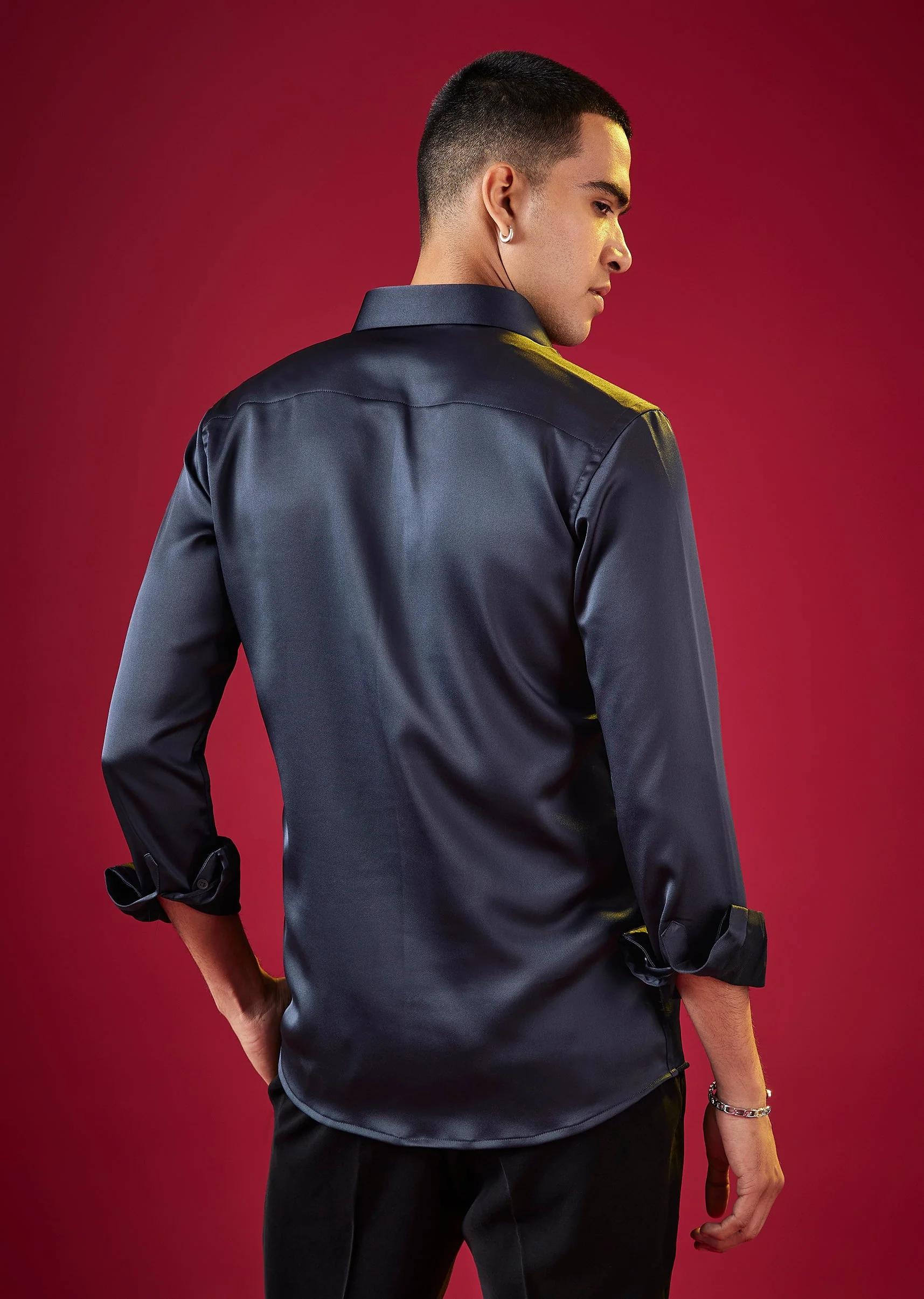Navy Blue Thread Resham Embellished Mens Shirt