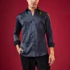 Navy Blue Thread Resham Embellished Mens Shirt