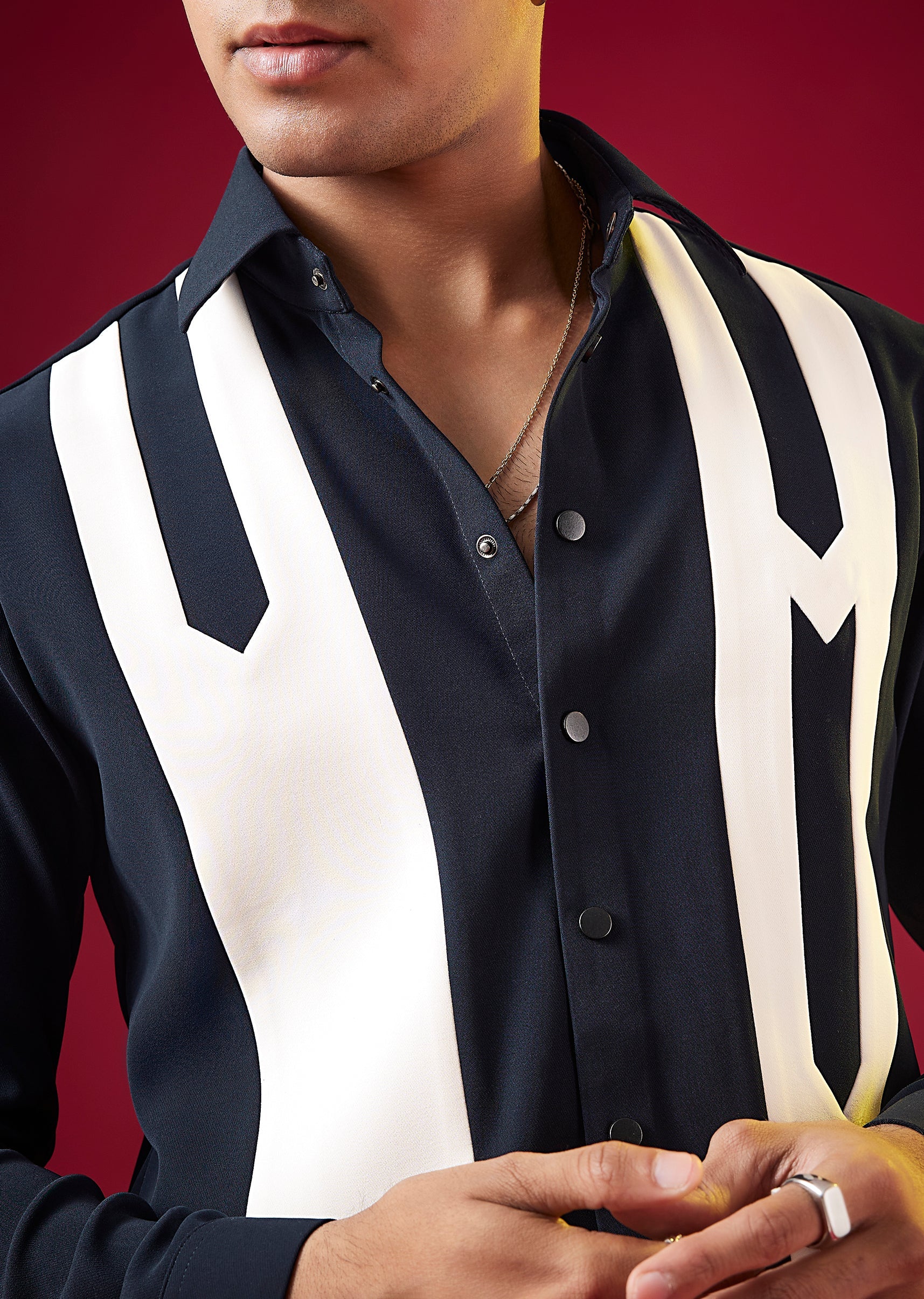 Navy Blue Viscose Mandarin Collar Mens Shirt