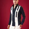 Navy Blue Viscose Mandarin Collar Mens Shirt
