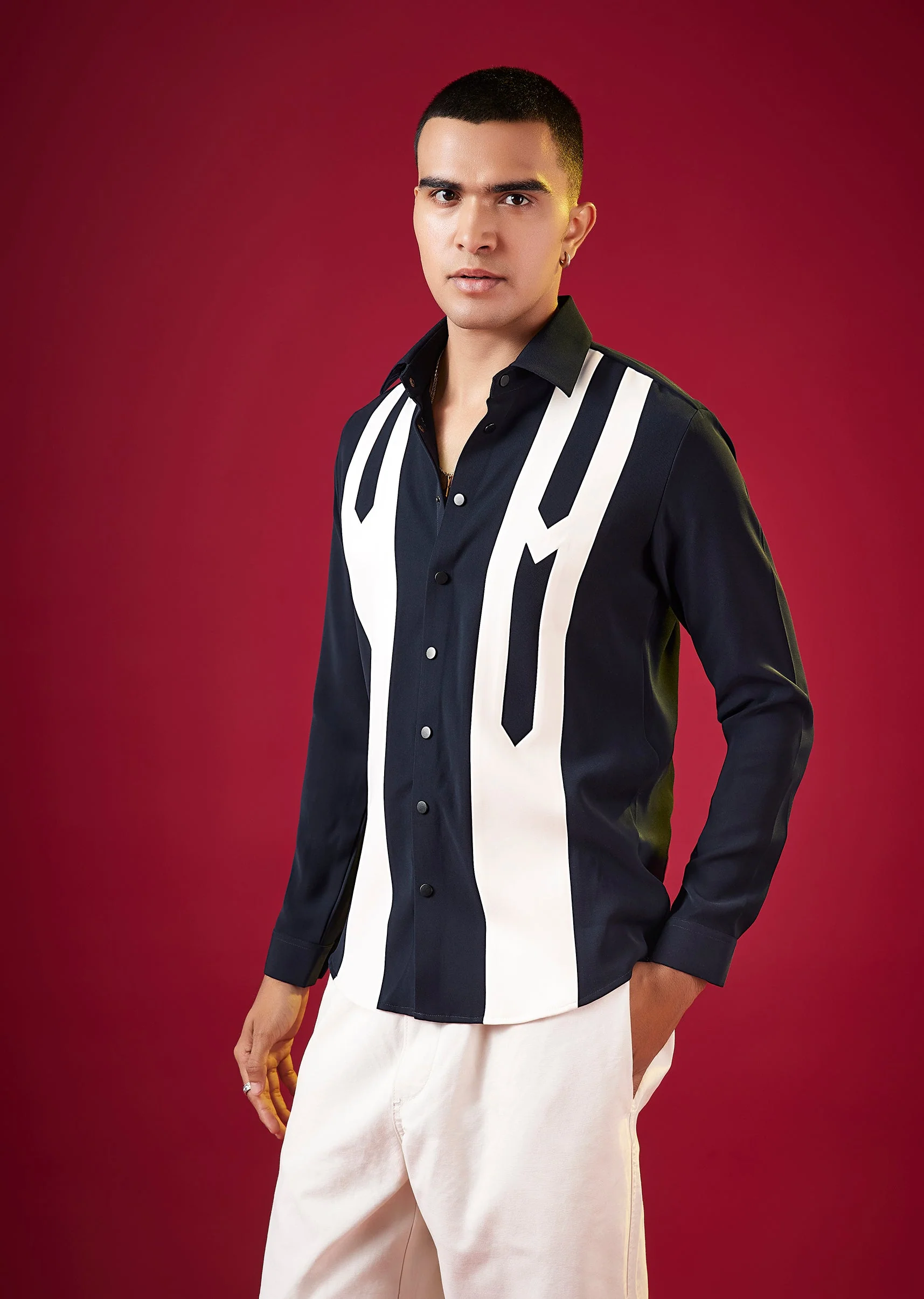 Navy Blue Viscose Mandarin Collar Mens Shirt