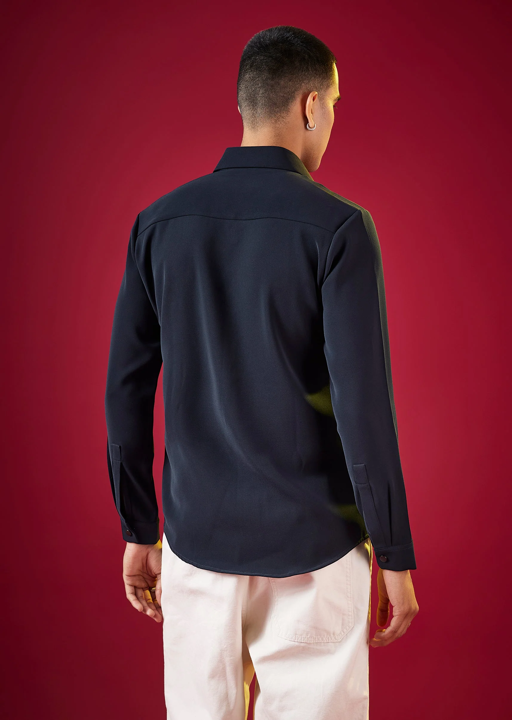 Navy Blue Viscose Mandarin Collar Mens Shirt