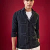 Navy Blue Viscose Mandarin Collar Checkered Mens Shirt