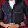Navy Blue Viscose Mandarin Collar Checkered Mens Shirt