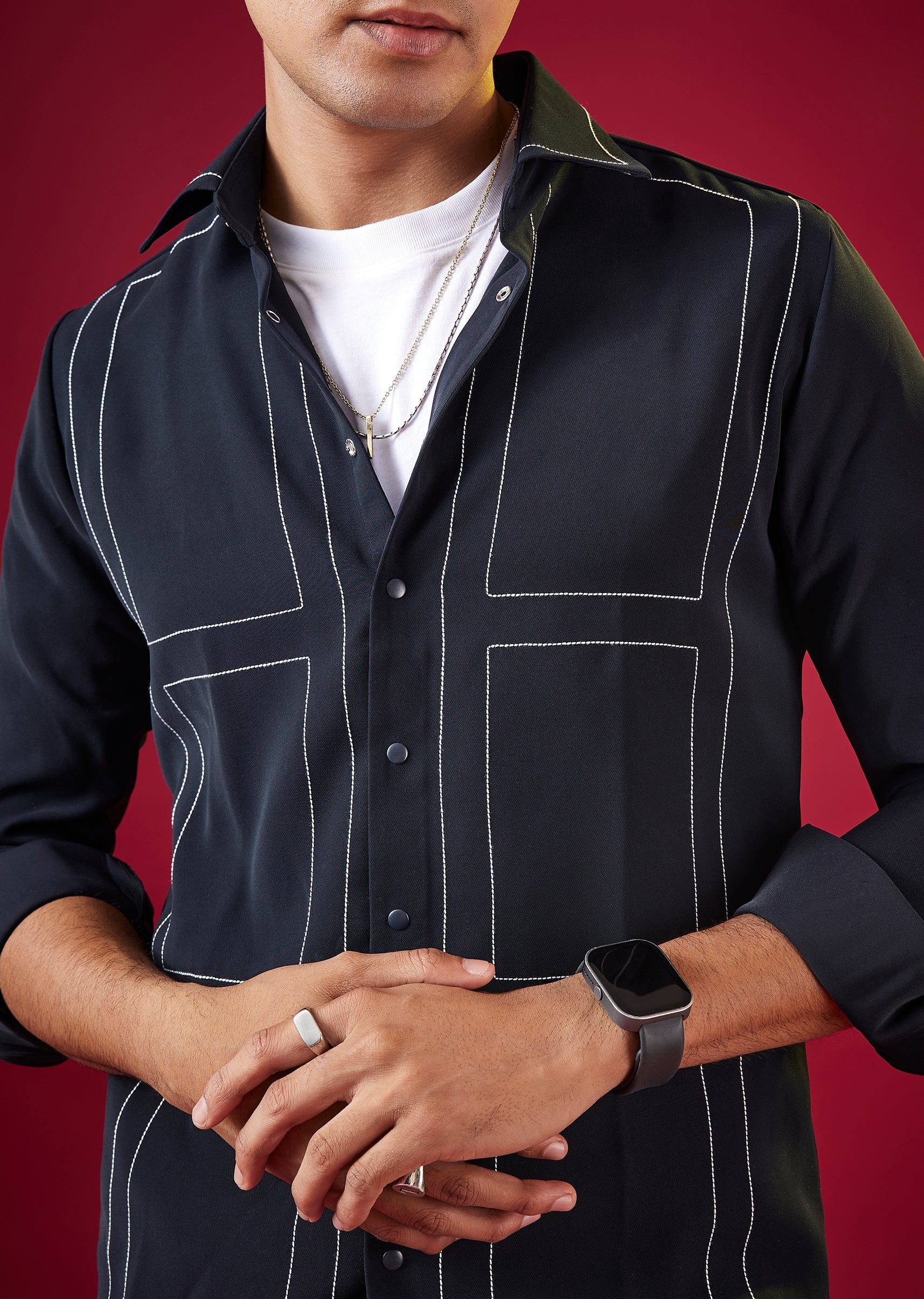 Navy Blue Viscose Mandarin Collar Checkered Mens Shirt