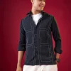 Navy Blue Viscose Mandarin Collar Checkered Mens Shirt