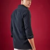 Navy Blue Viscose Mandarin Collar Checkered Mens Shirt