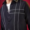 Navy Blue Mandarin Collar Striped Mens Shirt In Viscose