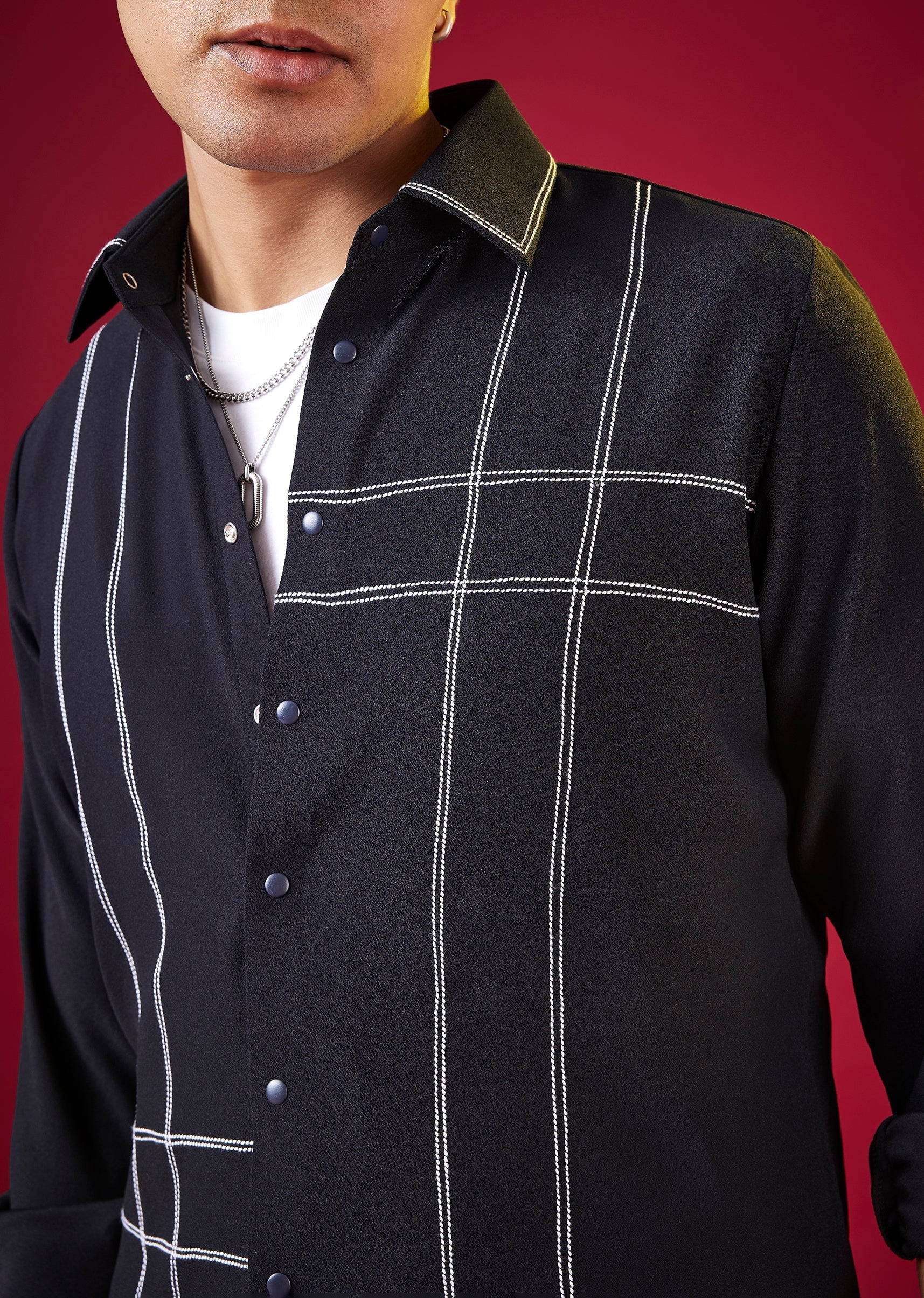 Navy Blue Mandarin Collar Striped Mens Shirt In Viscose