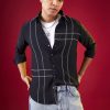 Navy Blue Mandarin Collar Striped Mens Shirt In Viscose