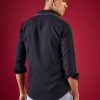Navy Blue Mandarin Collar Striped Mens Shirt In Viscose