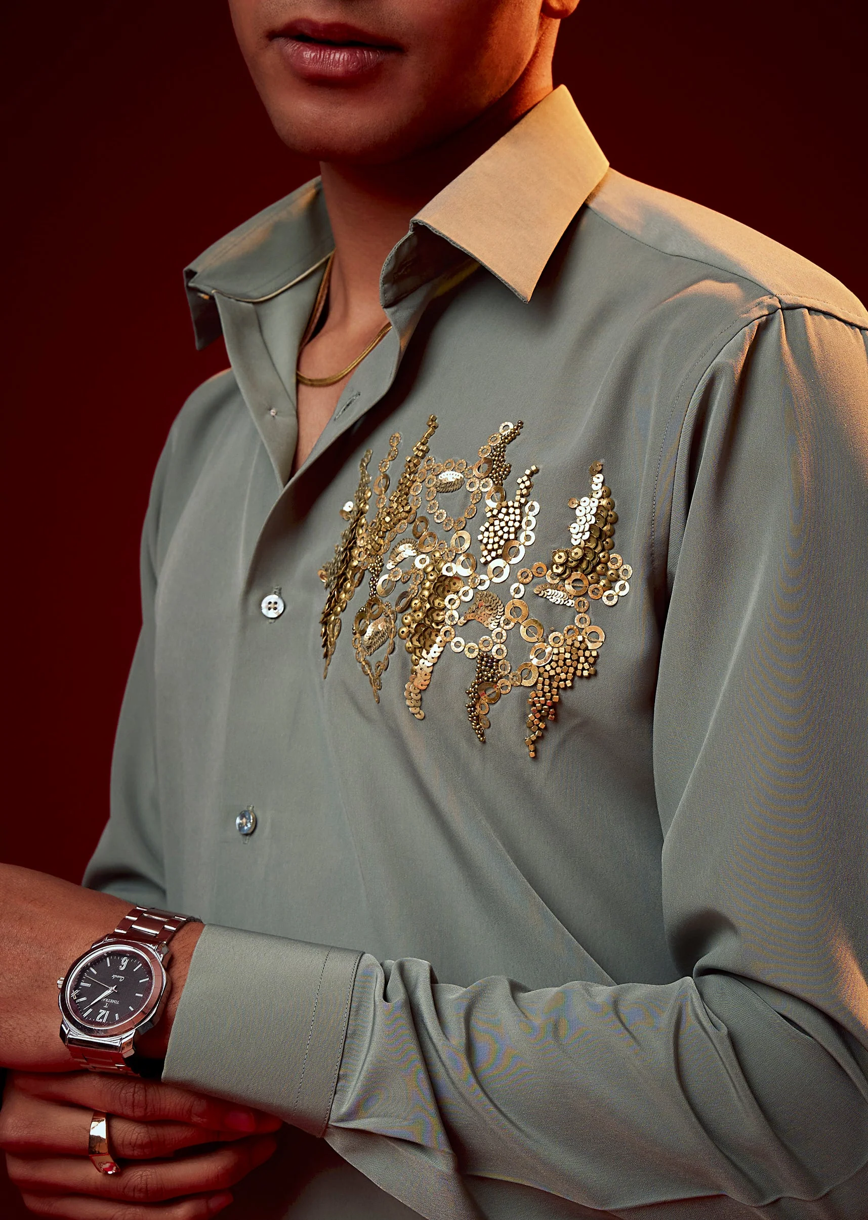 Mint Green Embellished Mandarin Collar Shirt