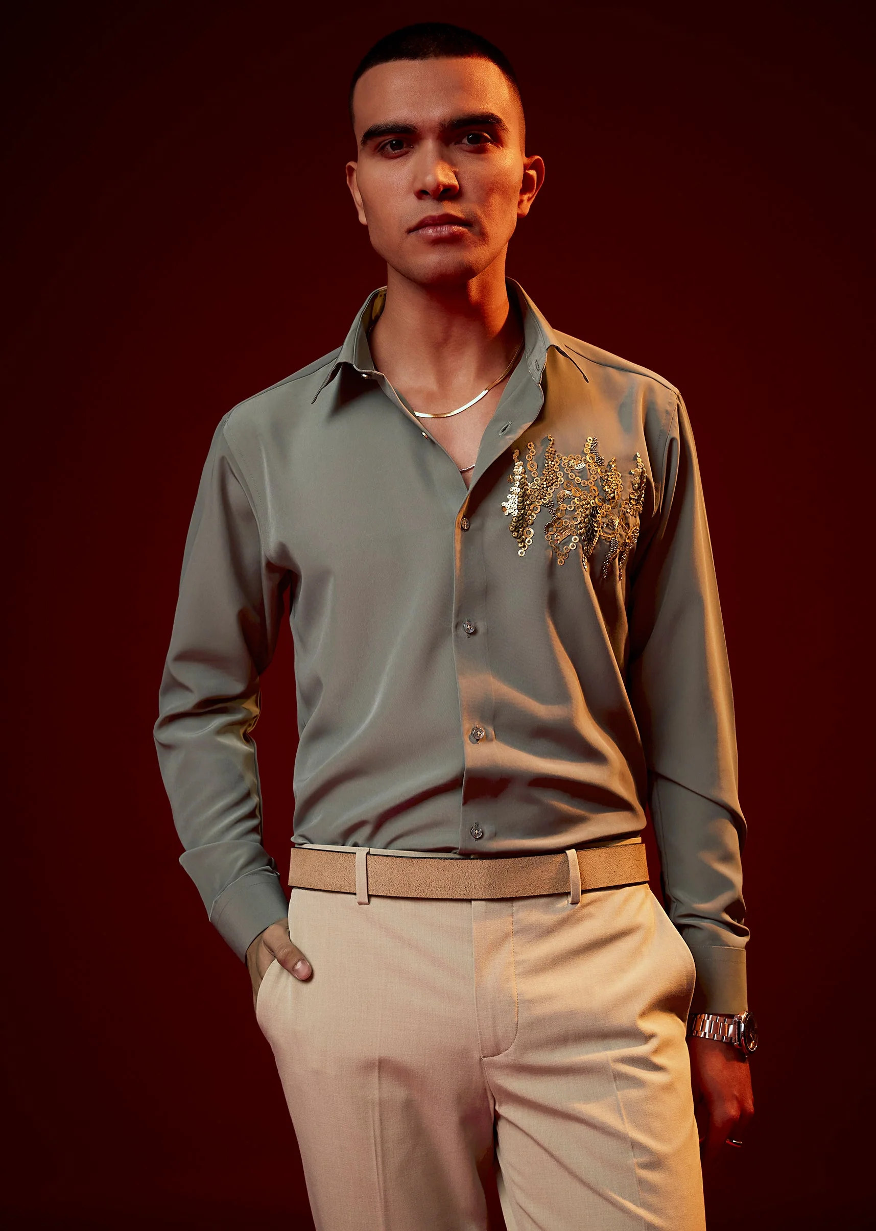 Mint Green Embellished Mandarin Collar Shirt