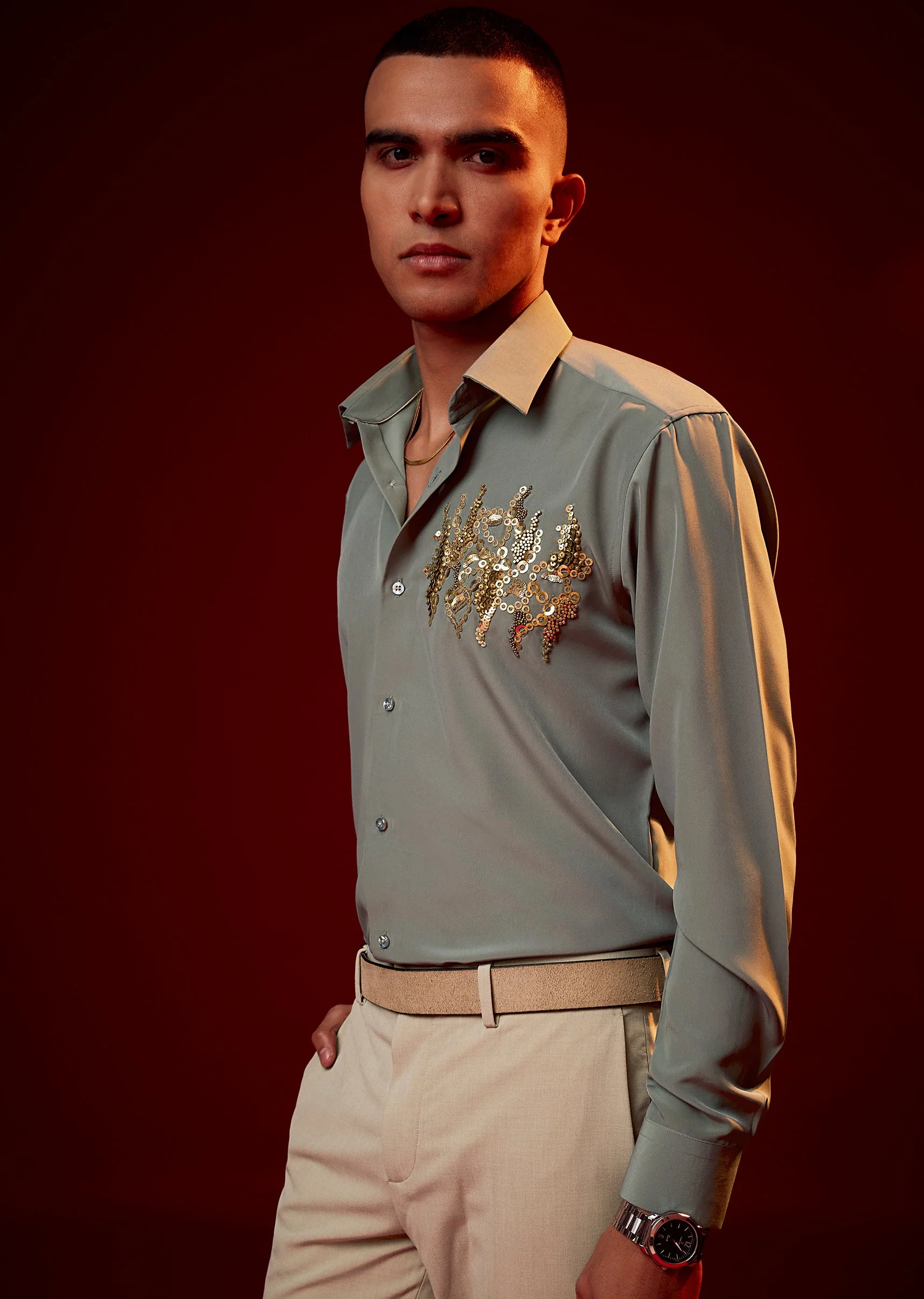 Mint Green Embellished Mandarin Collar Shirt
