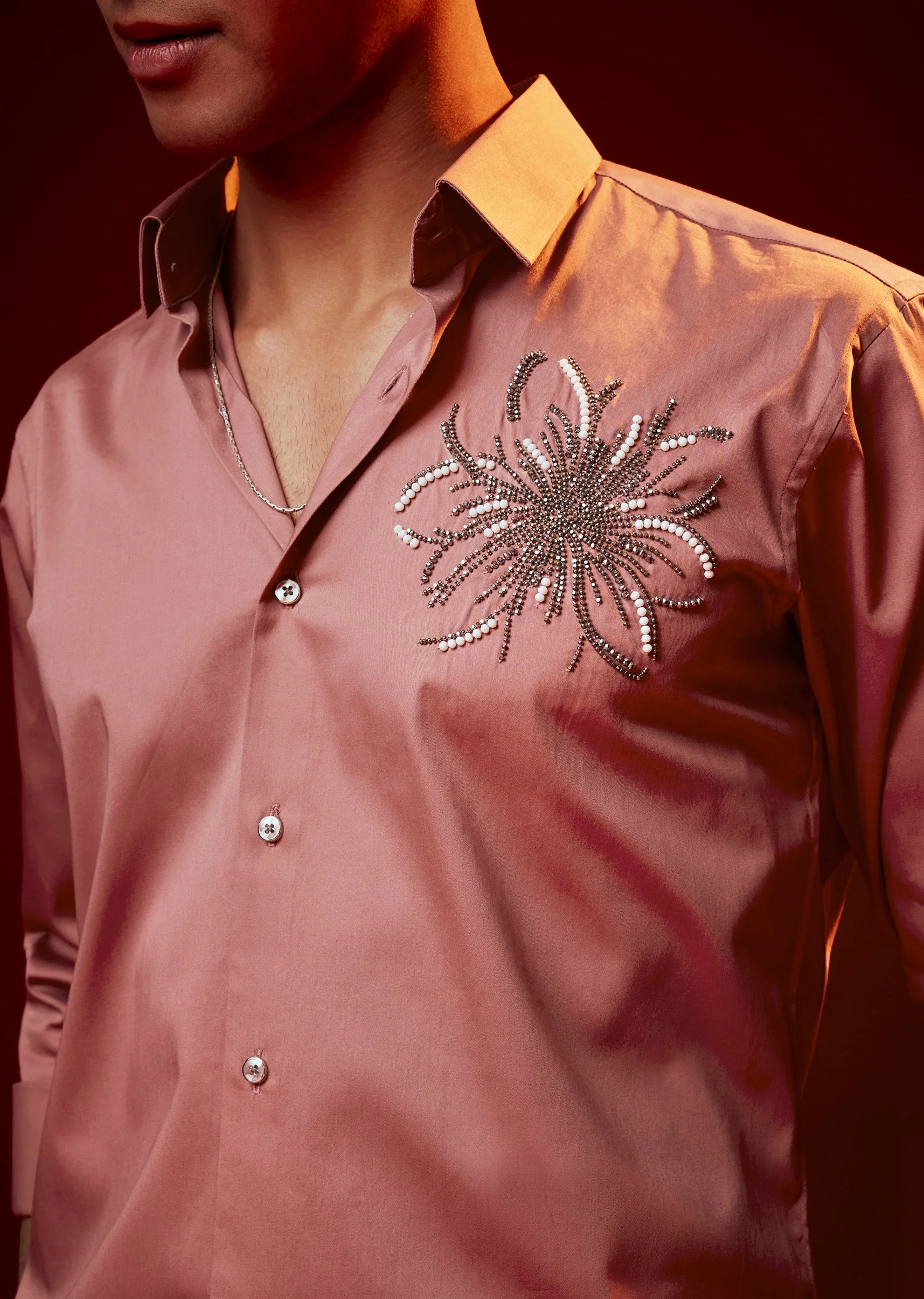 Onion Pink Embellished Silk Blend Party Shirt