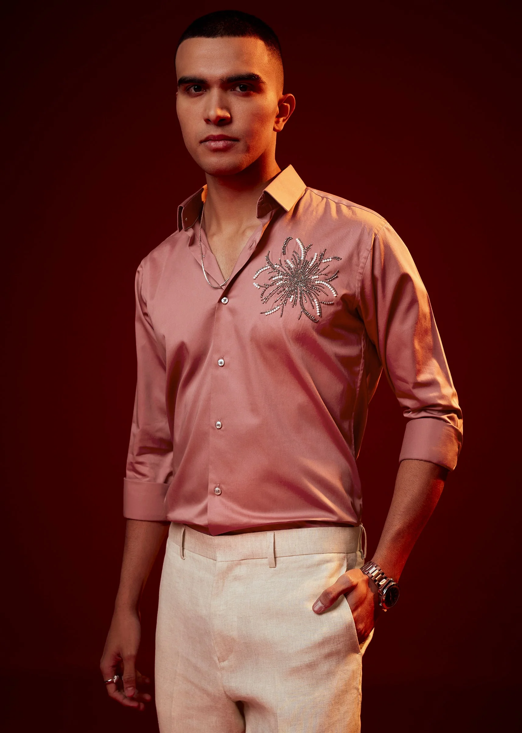 Onion Pink Embellished Silk Blend Party Shirt