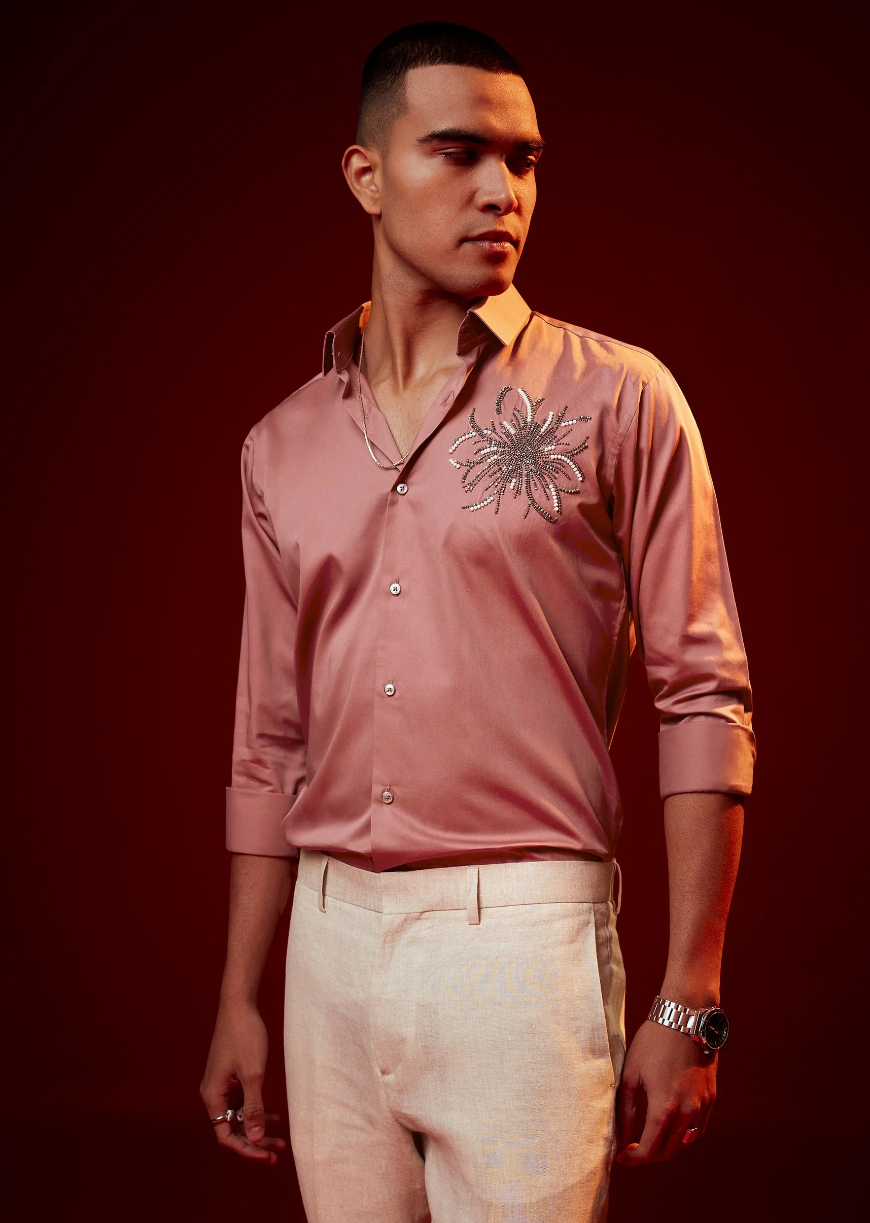 Onion Pink Embellished Silk Blend Party Shirt
