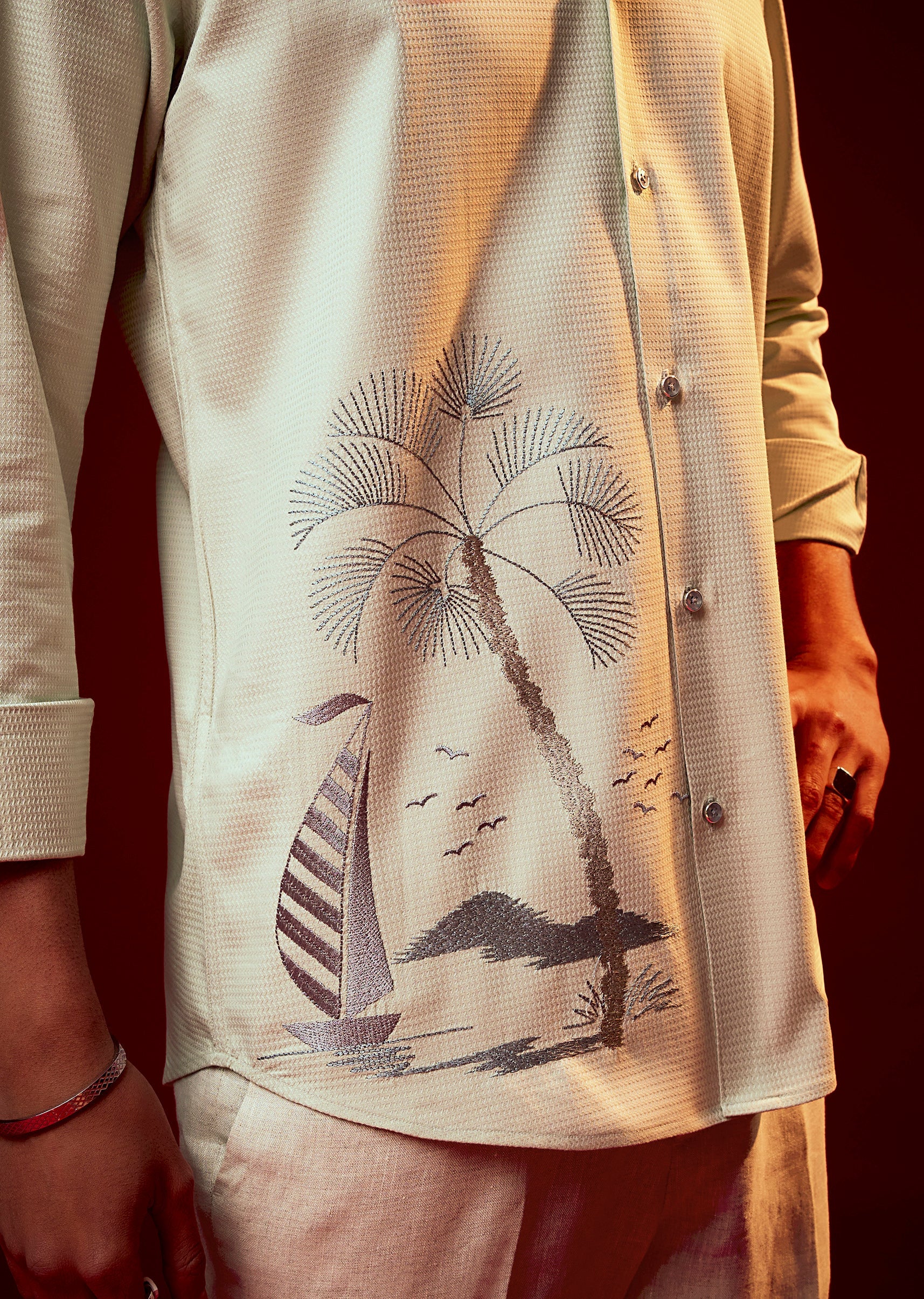Pista Green Embroidered Mandarin Collar Shirt