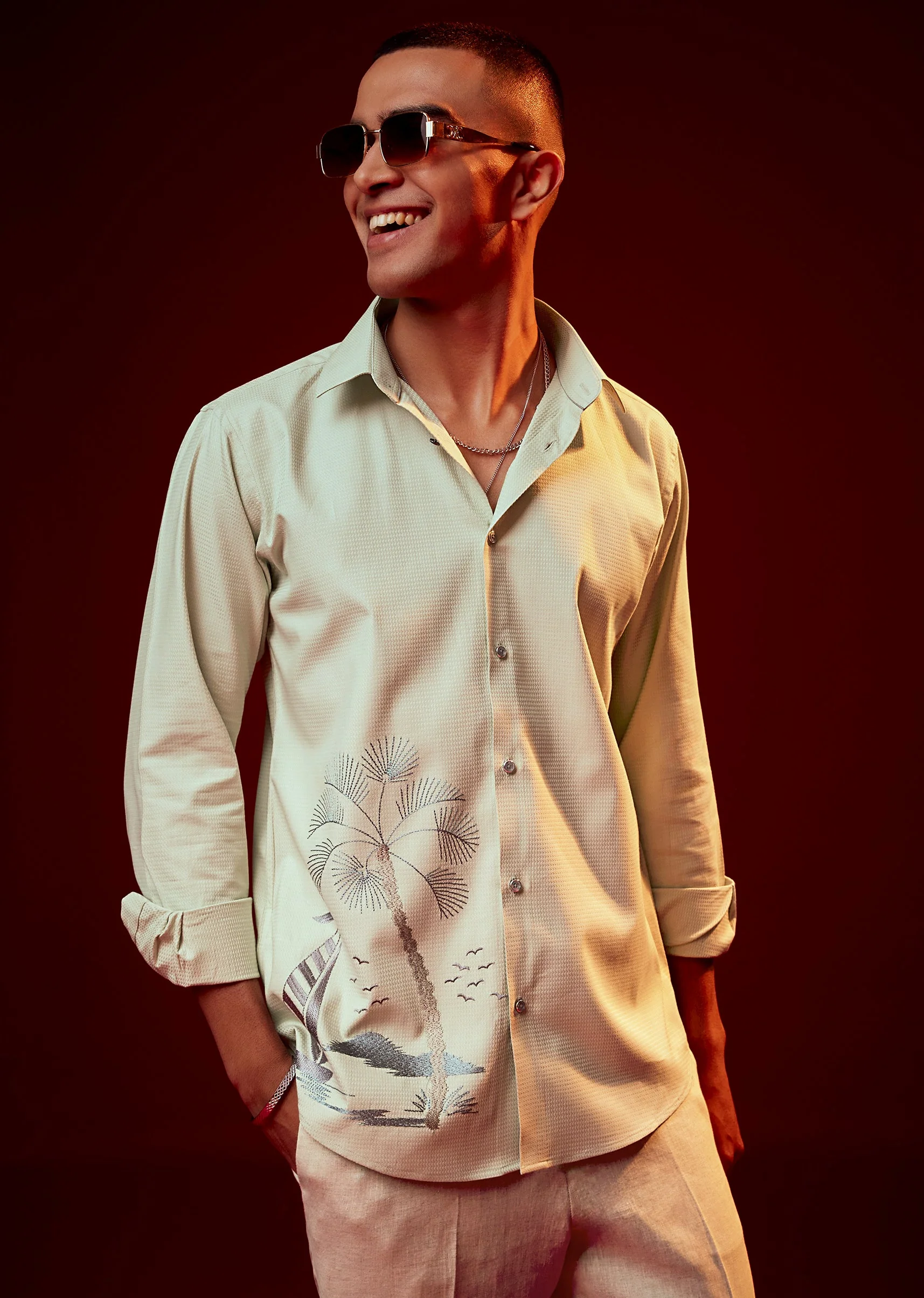 Pista Green Embroidered Mandarin Collar Shirt
