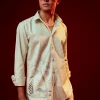 Pista Green Embroidered Mandarin Collar Shirt